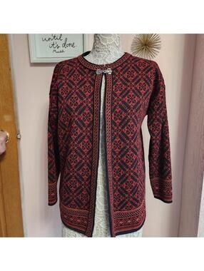 Volund Norway Nordic Sweater M Red Black Norwegian Fair Isle Cardigan Vintage